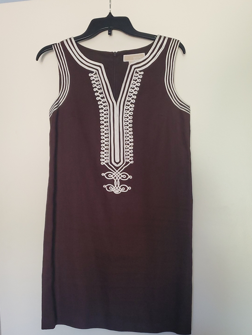Michael Kors Chocolate Brown Sleeveless Shift Dress with White Embroidery